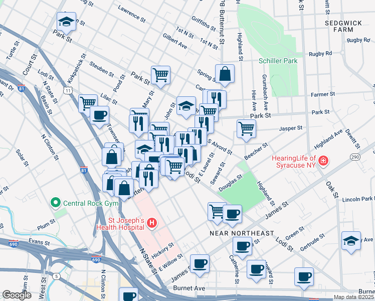map of restaurants, bars, coffee shops, grocery stores, and more near in Syracuse