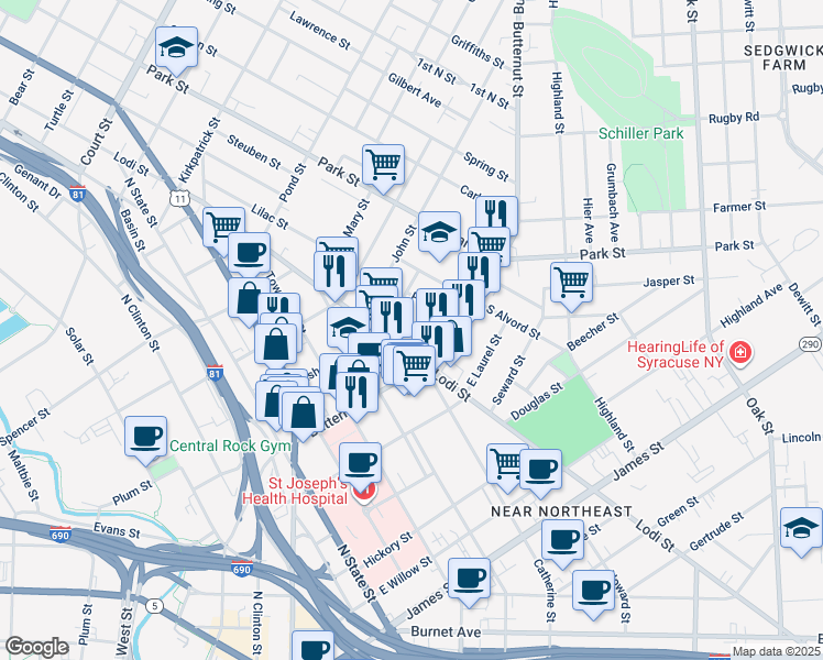 map of restaurants, bars, coffee shops, grocery stores, and more near 1416 Lodi Street in Syracuse