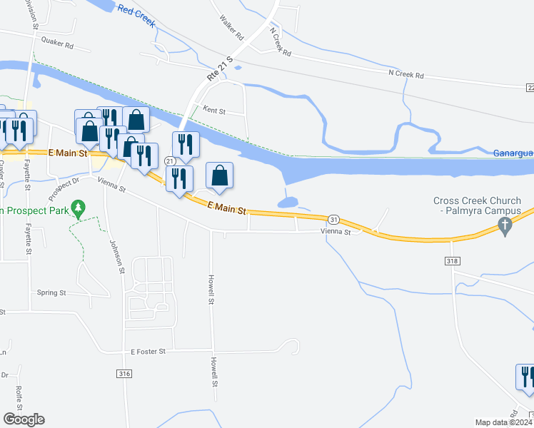 map of restaurants, bars, coffee shops, grocery stores, and more near 640 East Main Street in Palmyra