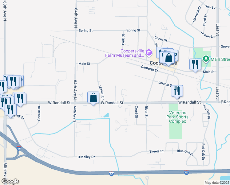 map of restaurants, bars, coffee shops, grocery stores, and more near 557 West Randall Street in Coopersville