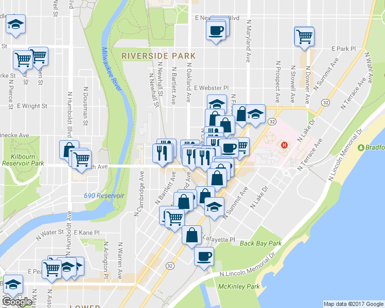 map of restaurants, bars, coffee shops, grocery stores, and more near in Milwaukee