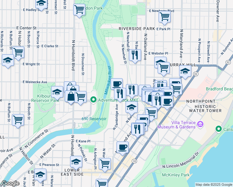 map of restaurants, bars, coffee shops, grocery stores, and more near 1438 East North Avenue in Milwaukee