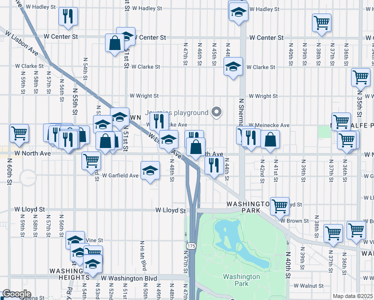 map of restaurants, bars, coffee shops, grocery stores, and more near in Milwaukee