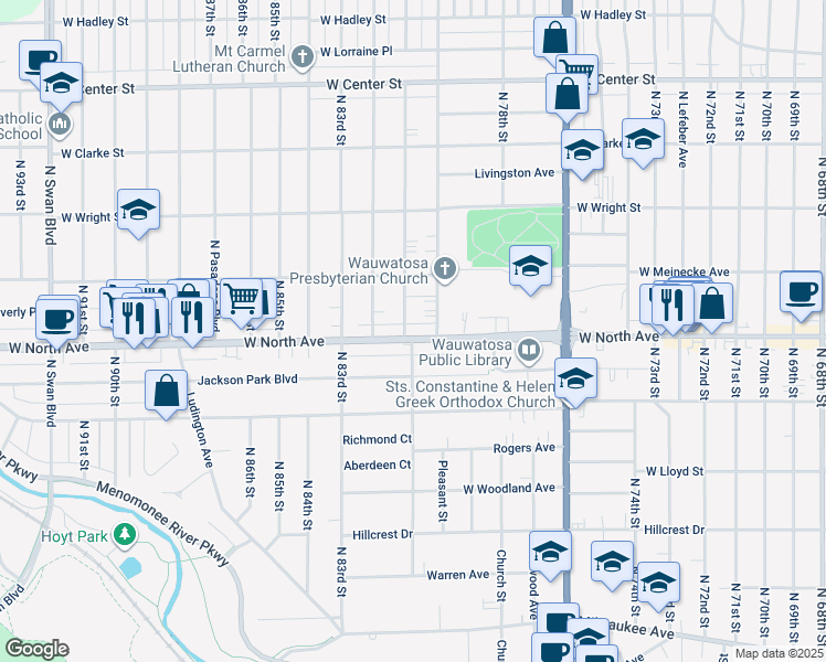 map of restaurants, bars, coffee shops, grocery stores, and more near 8117 West North Avenue in Wauwatosa