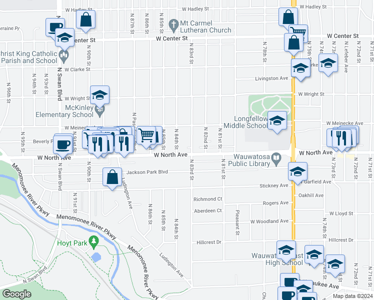 map of restaurants, bars, coffee shops, grocery stores, and more near 8333 West North Avenue in Wauwatosa