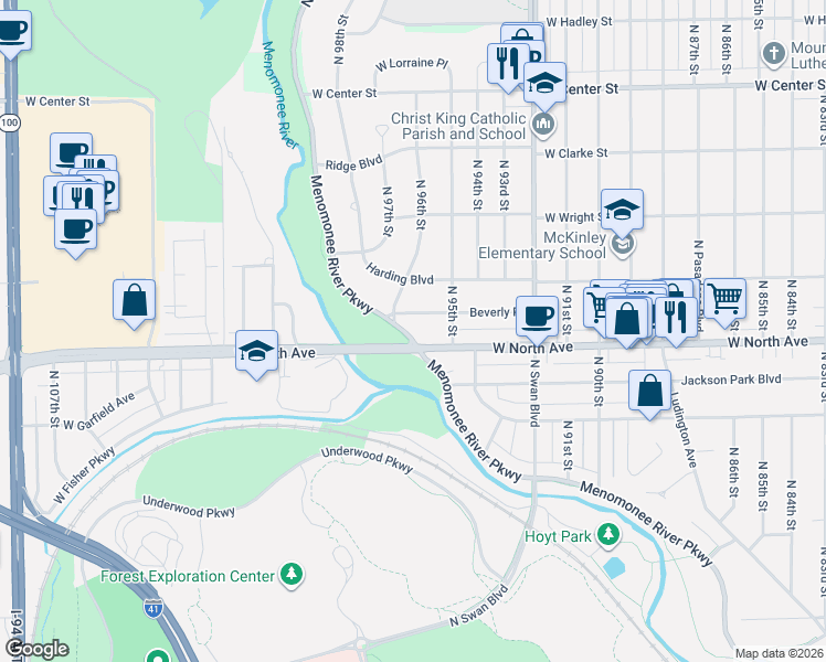 map of restaurants, bars, coffee shops, grocery stores, and more near in Wauwatosa