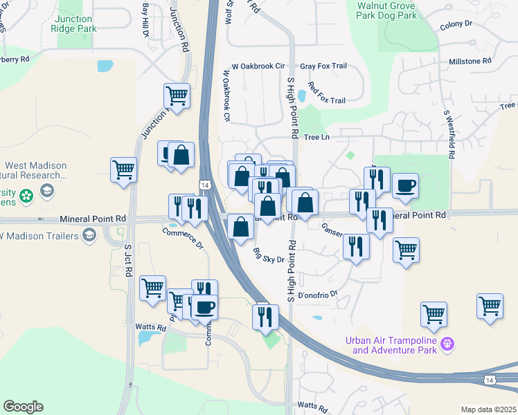 map of restaurants, bars, coffee shops, grocery stores, and more near 7889 Big Sky Drive in Madison