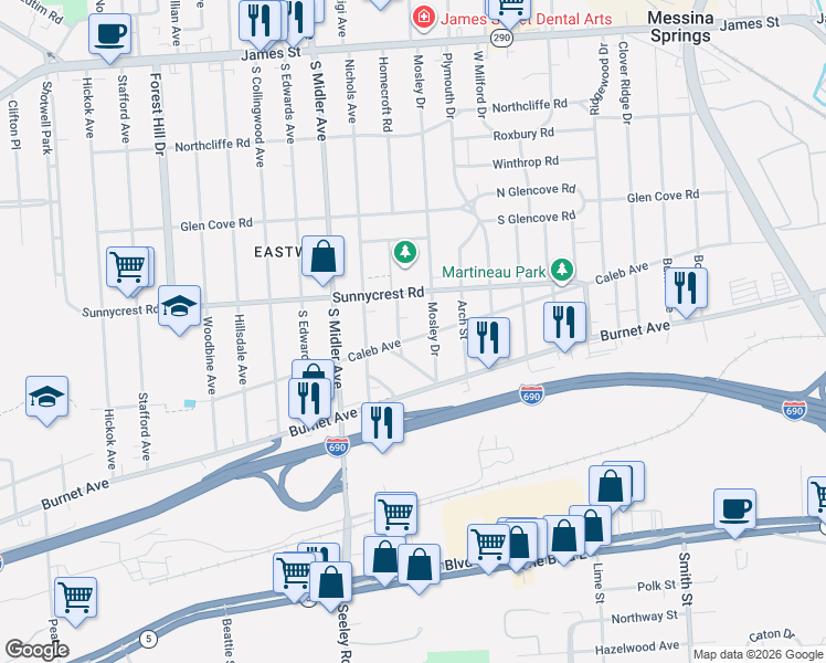 map of restaurants, bars, coffee shops, grocery stores, and more near 1118 Caleb Avenue in Syracuse