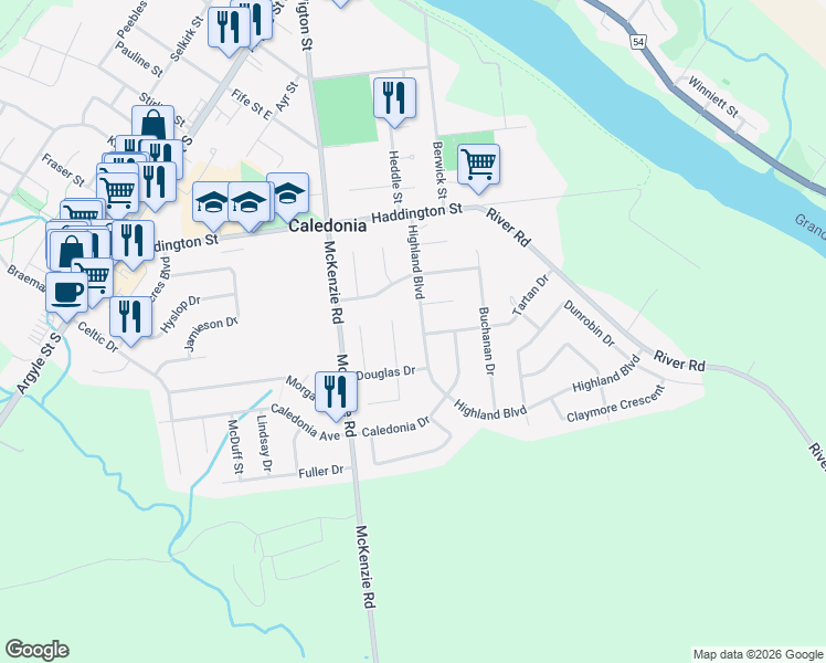 map of restaurants, bars, coffee shops, grocery stores, and more near 36 Highland Boulevard in Caledonia
