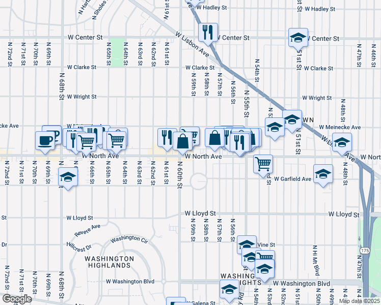 map of restaurants, bars, coffee shops, grocery stores, and more near in Milwaukee