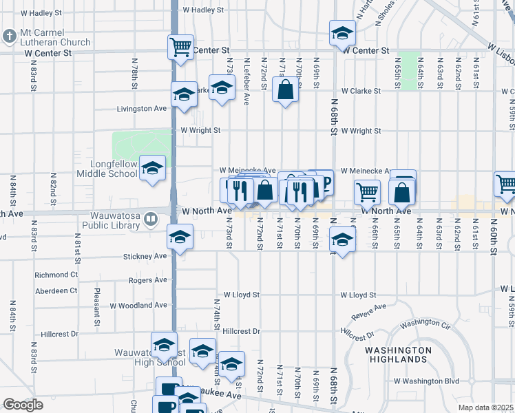 map of restaurants, bars, coffee shops, grocery stores, and more near 2272 North 72nd Street in Wauwatosa