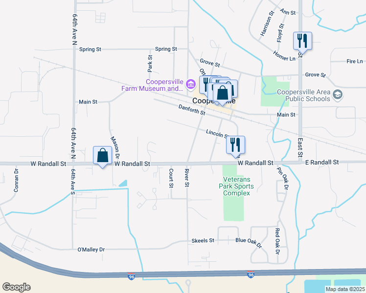 map of restaurants, bars, coffee shops, grocery stores, and more near 423 West Randall Street in Coopersville