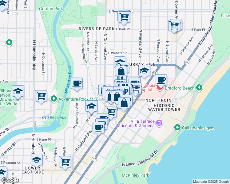 map of restaurants, bars, coffee shops, grocery stores, and more near 2340 North Cramer Street in Milwaukee