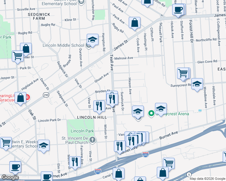 map of restaurants, bars, coffee shops, grocery stores, and more near Teall Avenue & Boyden Street in Syracuse