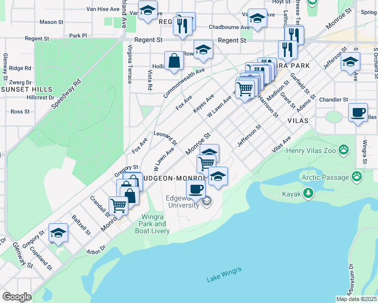 map of restaurants, bars, coffee shops, grocery stores, and more near Monroe Street in Madison
