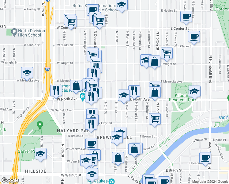 map of restaurants, bars, coffee shops, grocery stores, and more near 2331 North 1st Street in Milwaukee