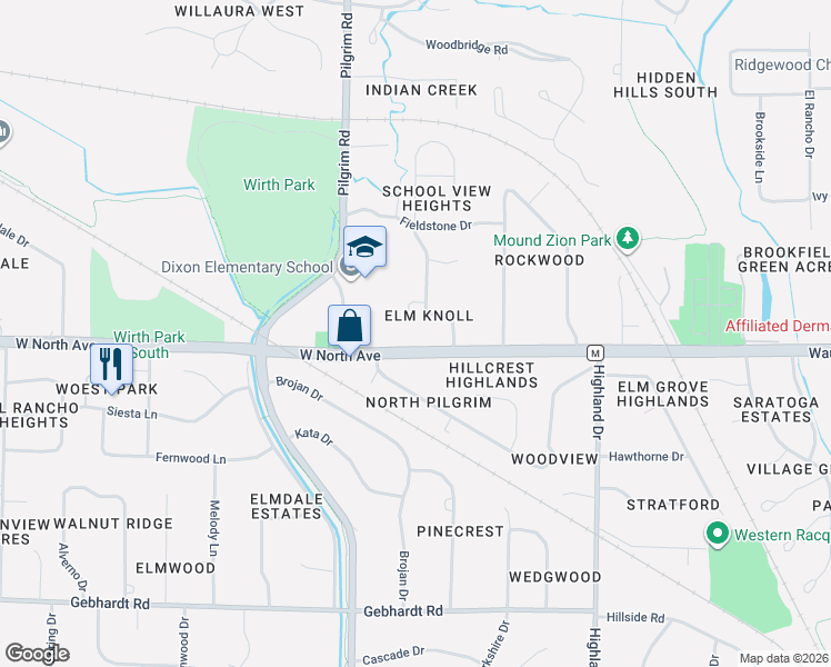 map of restaurants, bars, coffee shops, grocery stores, and more near 15405 West North Avenue in Brookfield