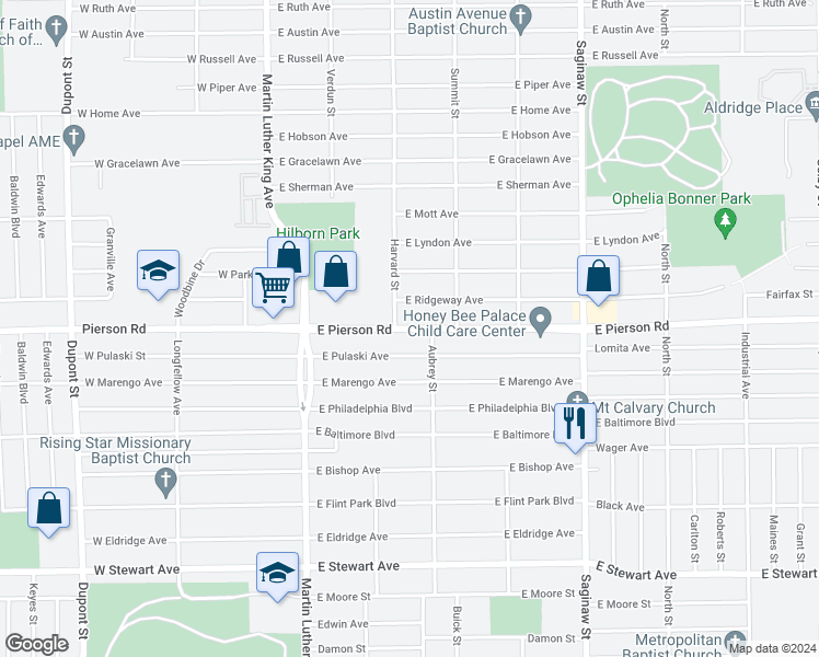 map of restaurants, bars, coffee shops, grocery stores, and more near 313 East Pierson Road in Flint
