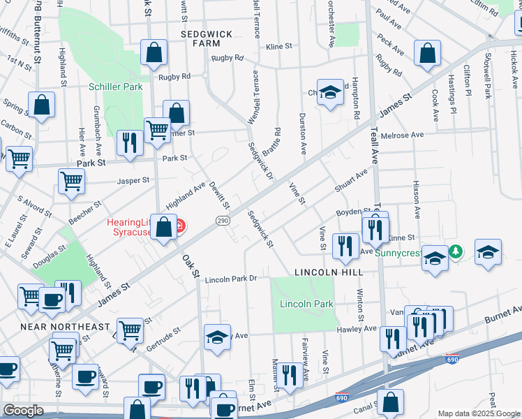 map of restaurants, bars, coffee shops, grocery stores, and more near 101 Dorothy Street in Syracuse