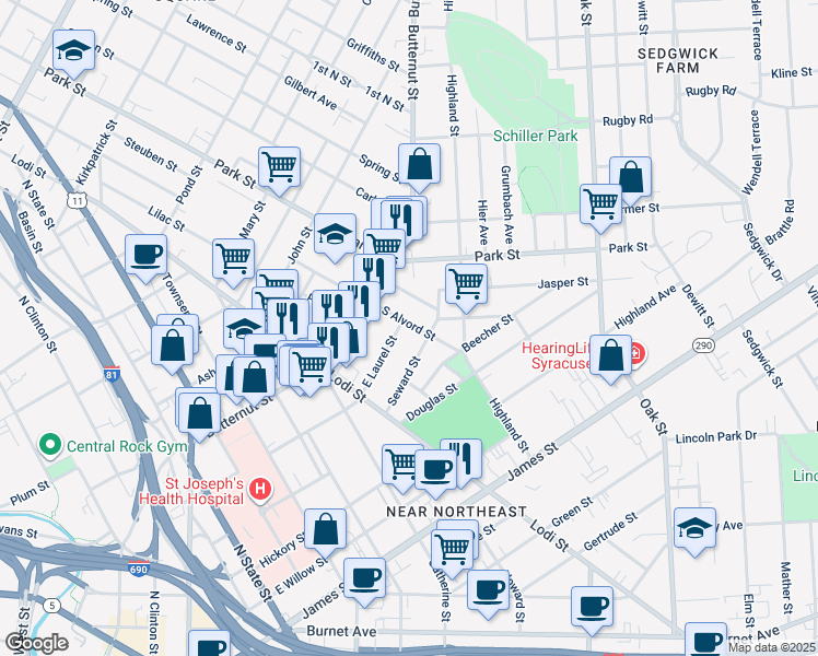 map of restaurants, bars, coffee shops, grocery stores, and more near 223 Seward Street in Syracuse