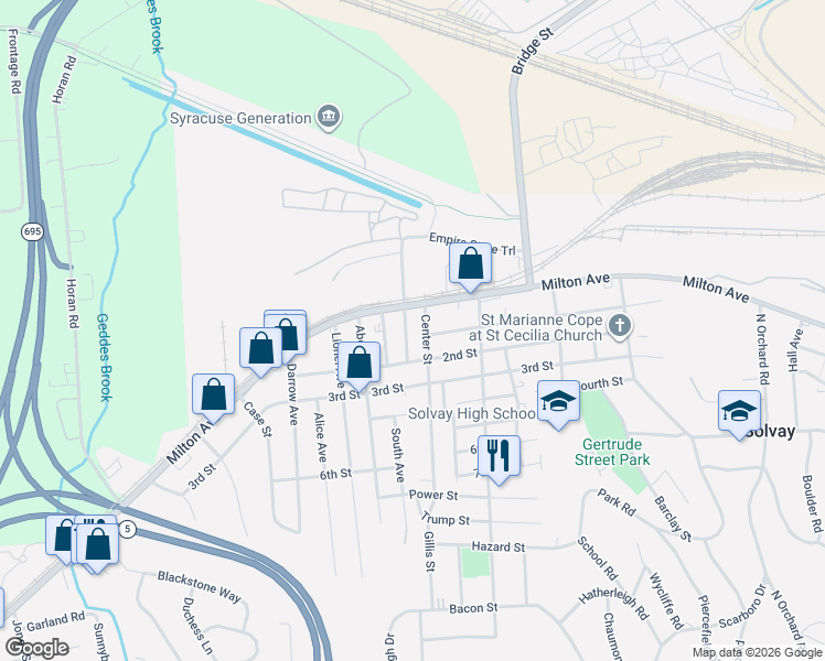 map of restaurants, bars, coffee shops, grocery stores, and more near 202 Center Street in Syracuse