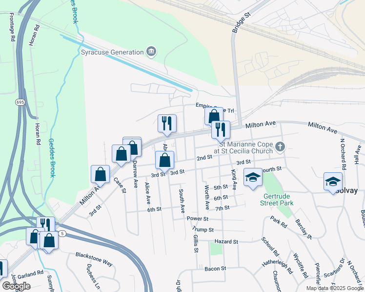 map of restaurants, bars, coffee shops, grocery stores, and more near 116 Franklin Avenue in Solvay
