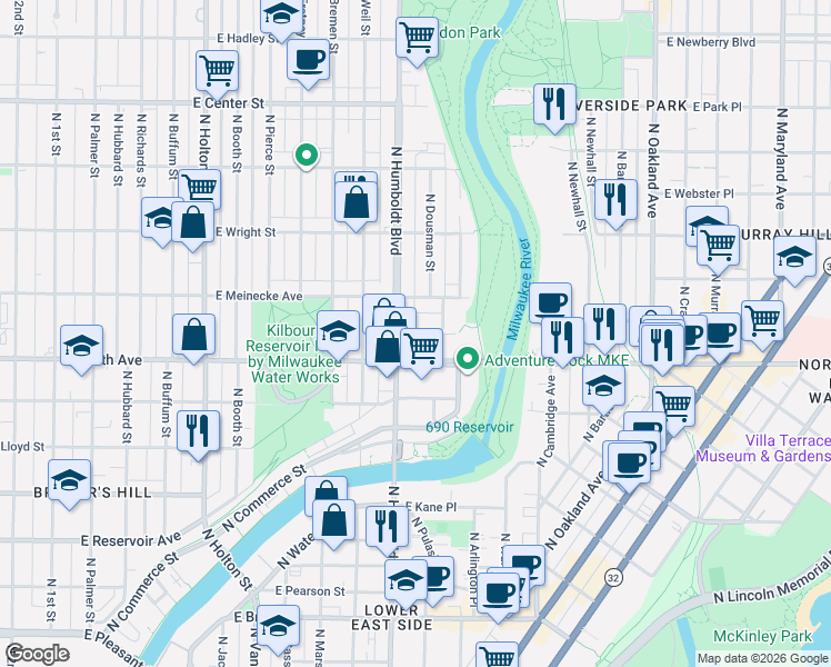 map of restaurants, bars, coffee shops, grocery stores, and more near in Milwaukee