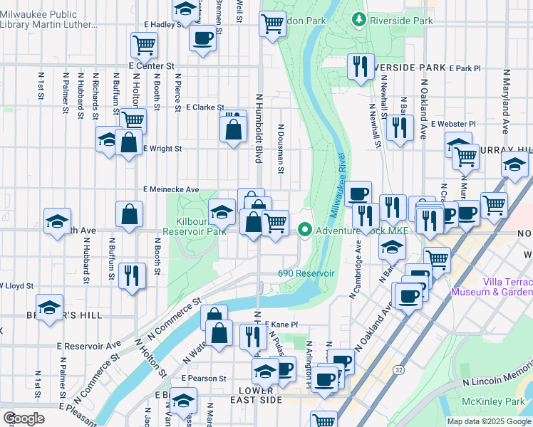 map of restaurants, bars, coffee shops, grocery stores, and more near in Milwaukee