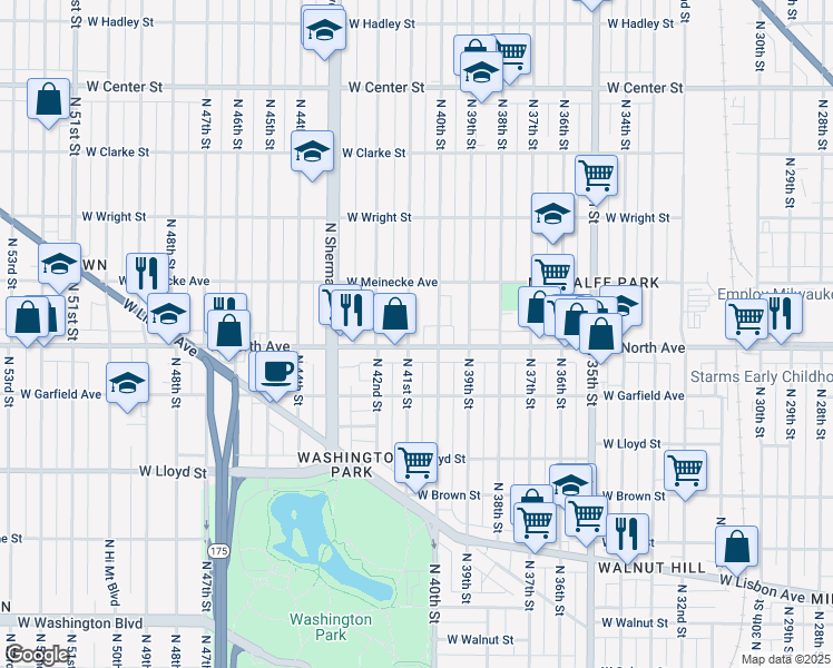 map of restaurants, bars, coffee shops, grocery stores, and more near 2284 North 41st Street in Milwaukee