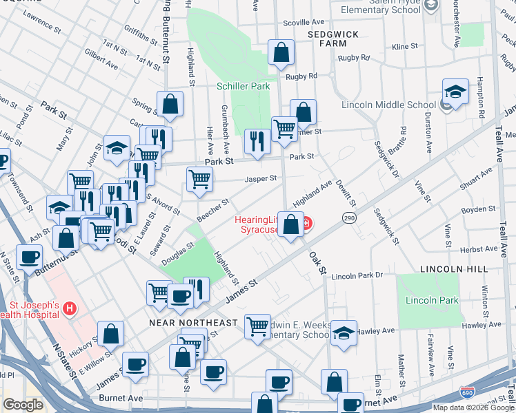map of restaurants, bars, coffee shops, grocery stores, and more near 209 Highland Avenue in Syracuse