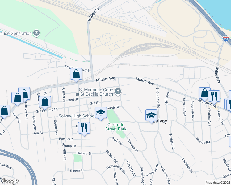 map of restaurants, bars, coffee shops, grocery stores, and more near 104 2nd Street in Solvay