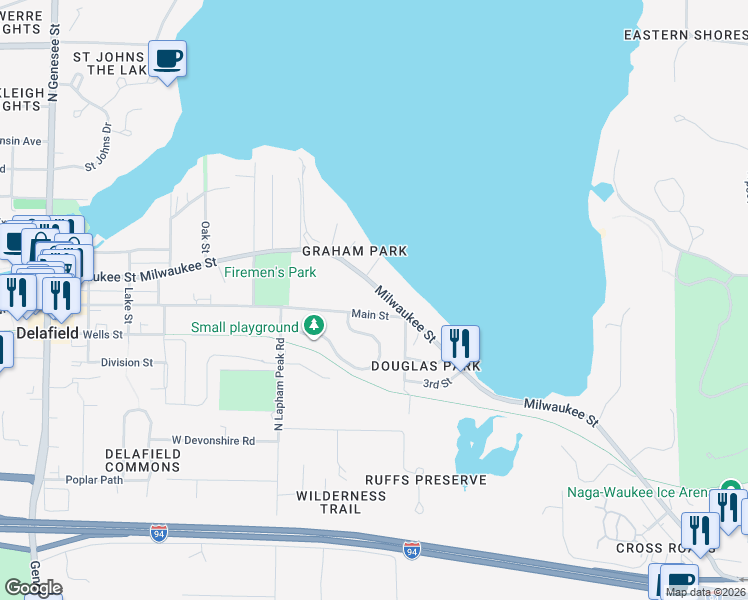 map of restaurants, bars, coffee shops, grocery stores, and more near 1420 Milwaukee Street in Delafield