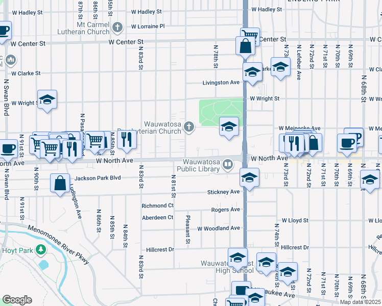 map of restaurants, bars, coffee shops, grocery stores, and more near 7943 West North Avenue in Wauwatosa