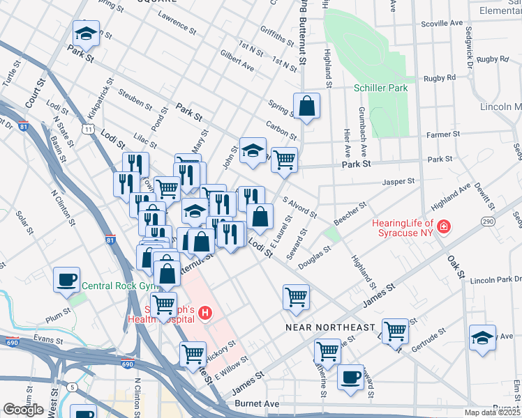 map of restaurants, bars, coffee shops, grocery stores, and more near 105 Peters Street in Syracuse