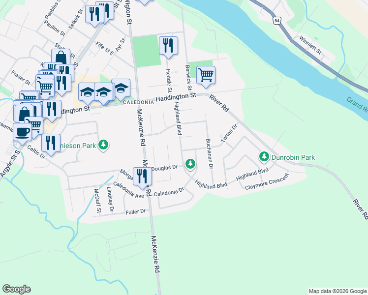 map of restaurants, bars, coffee shops, grocery stores, and more near 35 Highland Boulevard in Haldimand