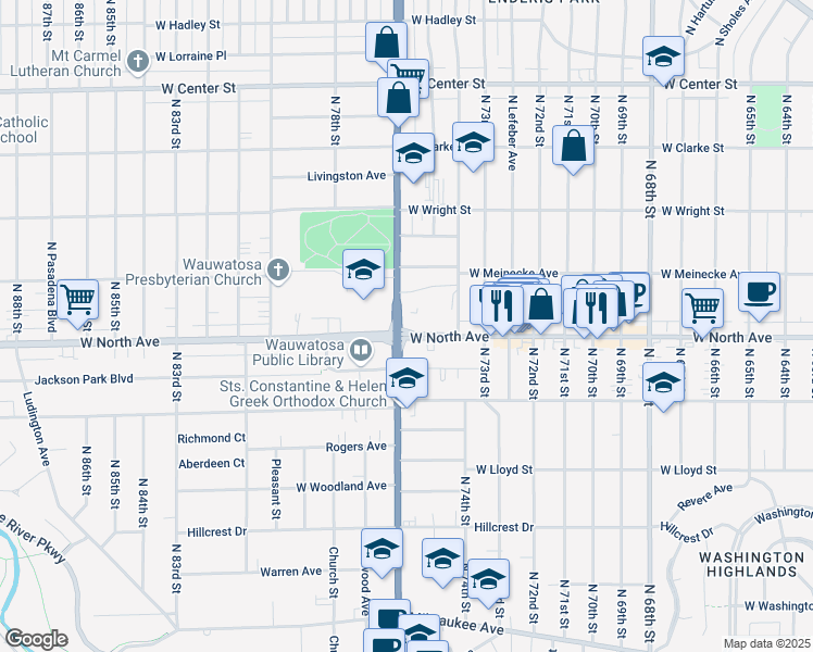 map of restaurants, bars, coffee shops, grocery stores, and more near 7500 West North Avenue in Wauwatosa