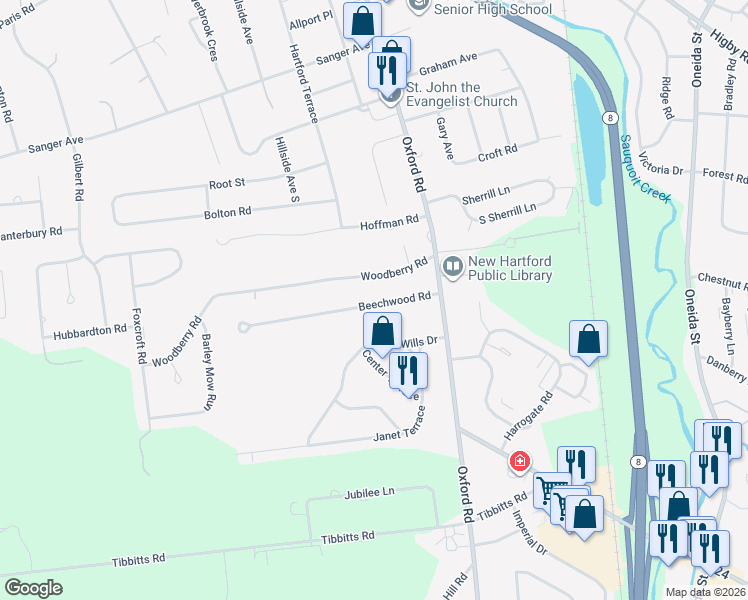 map of restaurants, bars, coffee shops, grocery stores, and more near 16 Beechwood Road in New Hartford
