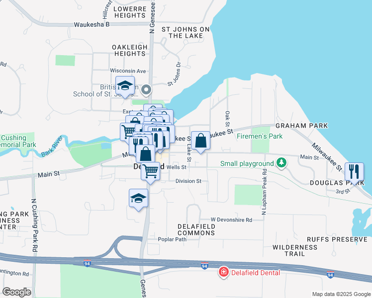 map of restaurants, bars, coffee shops, grocery stores, and more near 737 Main Street in Delafield