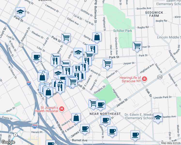 map of restaurants, bars, coffee shops, grocery stores, and more near 729 East Laurel Street in Syracuse
