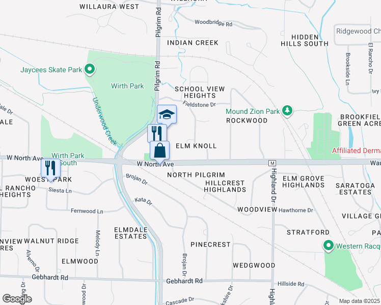 map of restaurants, bars, coffee shops, grocery stores, and more near 15405 West North Avenue in Brookfield