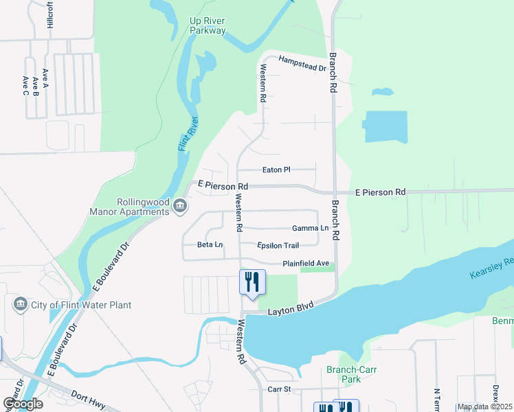 map of restaurants, bars, coffee shops, grocery stores, and more near 2721 Alpha Way in Flint
