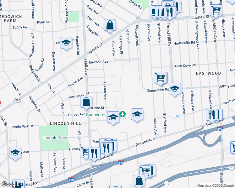map of restaurants, bars, coffee shops, grocery stores, and more near 225 Saint Anne Drive in Syracuse