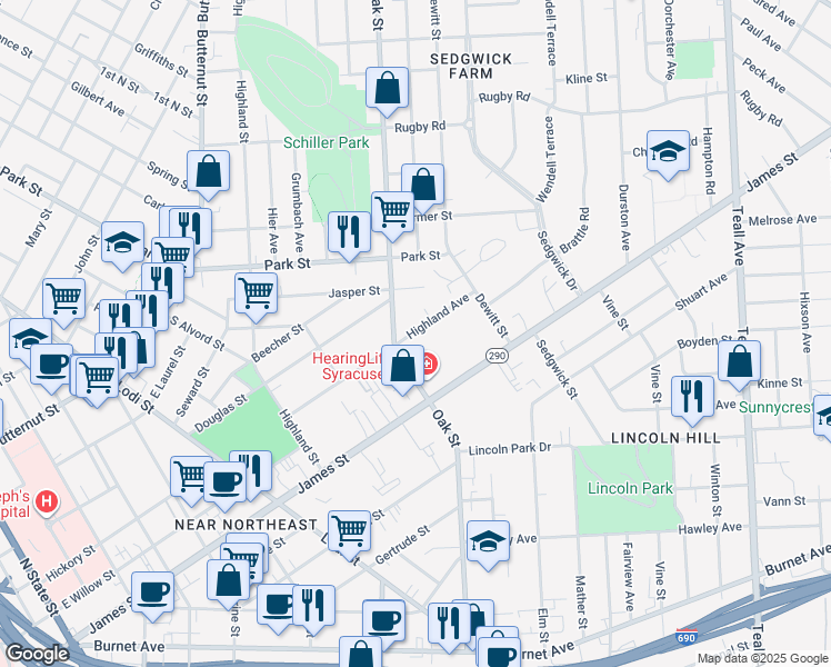map of restaurants, bars, coffee shops, grocery stores, and more near 528 Oak Street in Syracuse