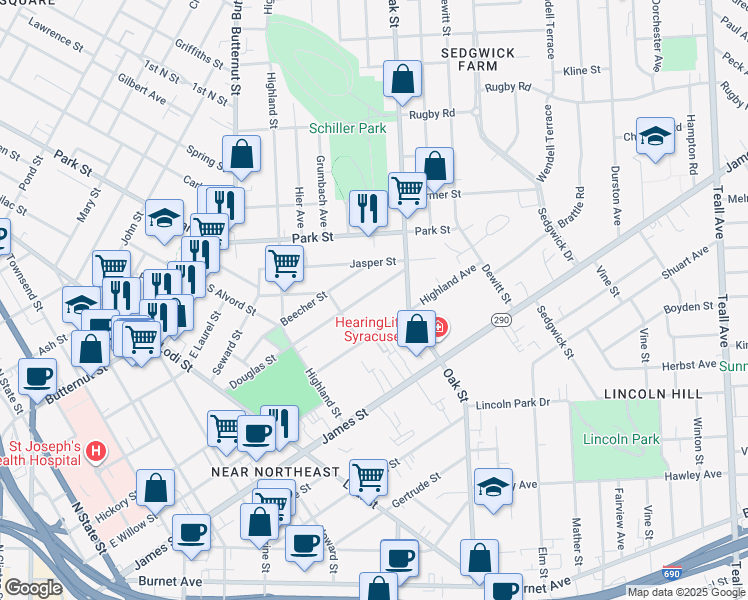 map of restaurants, bars, coffee shops, grocery stores, and more near 209 Highland Avenue in Syracuse