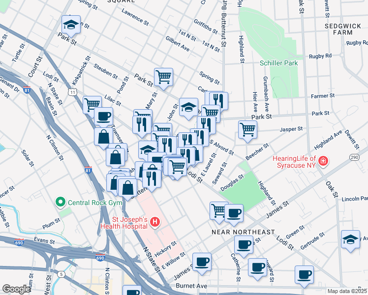 map of restaurants, bars, coffee shops, grocery stores, and more near 1416 Lodi Street in Syracuse