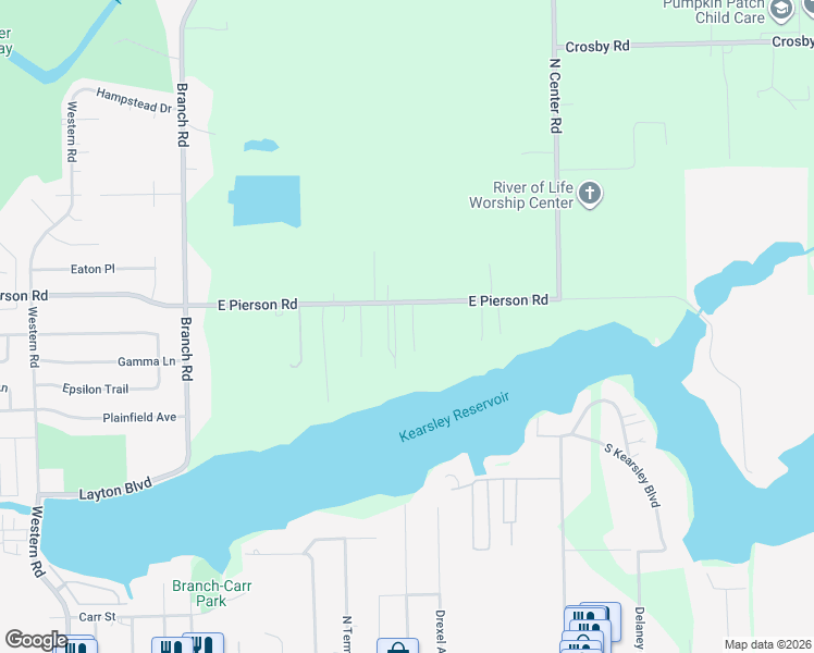 map of restaurants, bars, coffee shops, grocery stores, and more near 3374 East Pierson Road in Flint