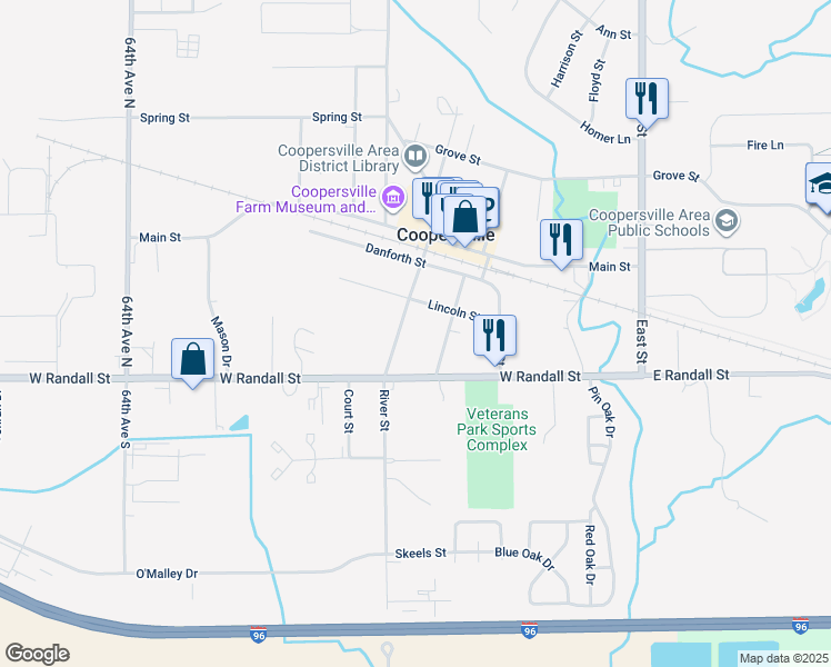 map of restaurants, bars, coffee shops, grocery stores, and more near 48 Eastmanville Street in Coopersville