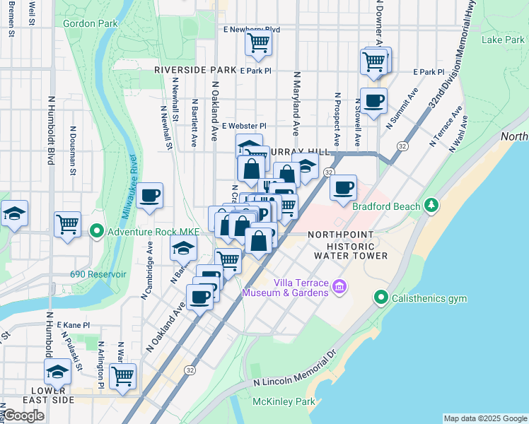 map of restaurants, bars, coffee shops, grocery stores, and more near 2018 East North Avenue in Milwaukee