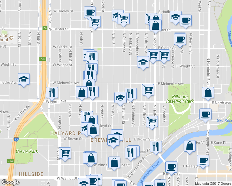 map of restaurants, bars, coffee shops, grocery stores, and more near 118 East North Avenue in Milwaukee