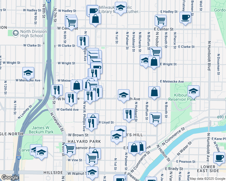 map of restaurants, bars, coffee shops, grocery stores, and more near 124 West North Avenue in Milwaukee